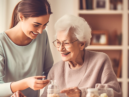 A young woman supports an older, smiling woman.