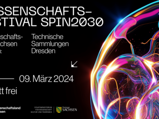 Poster of the SPIN2030 science festival with bright, colorful abstract patterns, highlighting the date and free admission, as well as announcing the science state of Saxony and the Dresden Technical Collections.